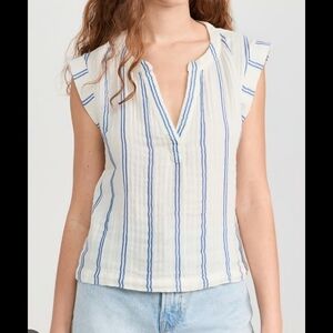 Faherty Sleeveless Striped V-Neck Top Blue White Organic Cotton Women’s S
